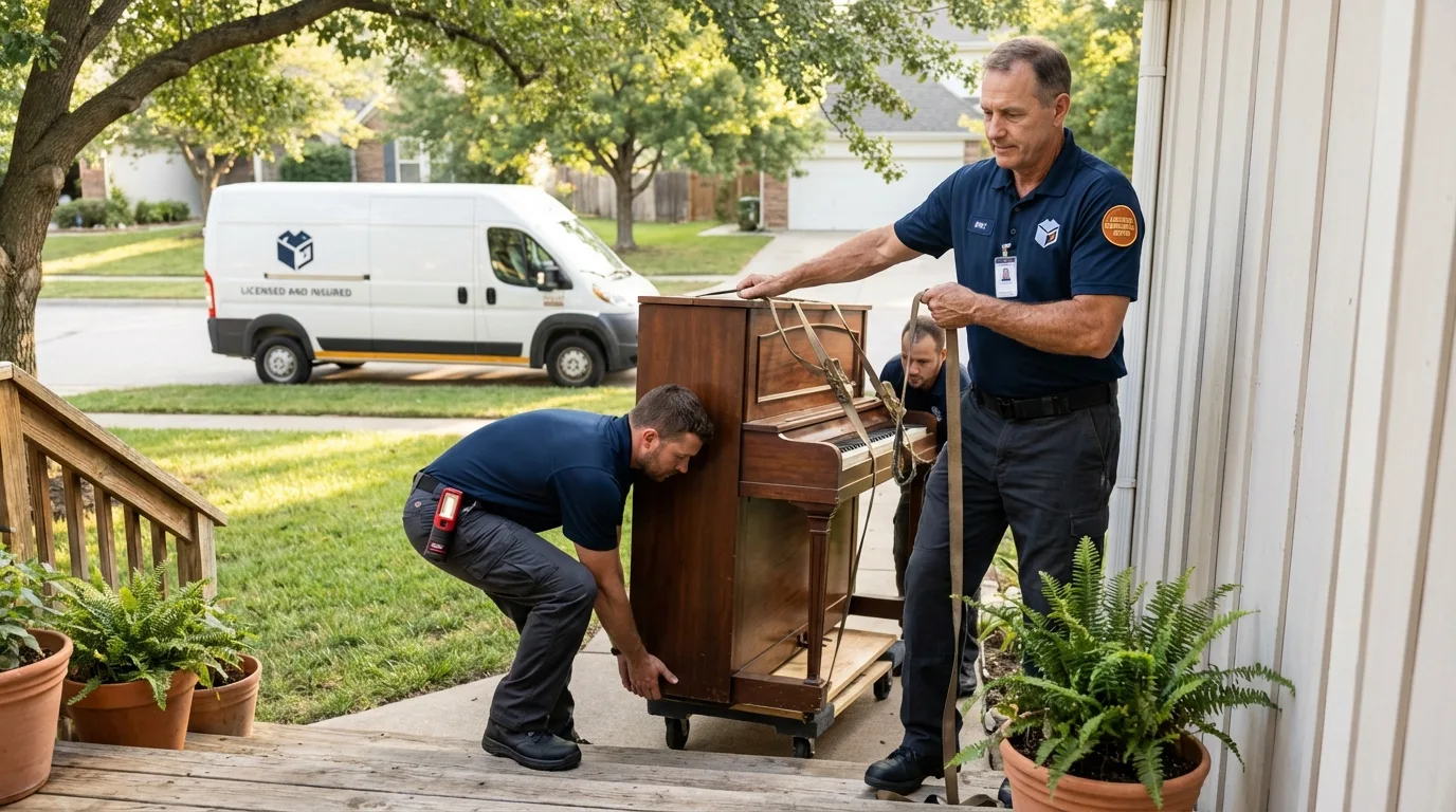 Licensed piano movers securing grand piano in Somerville, MA