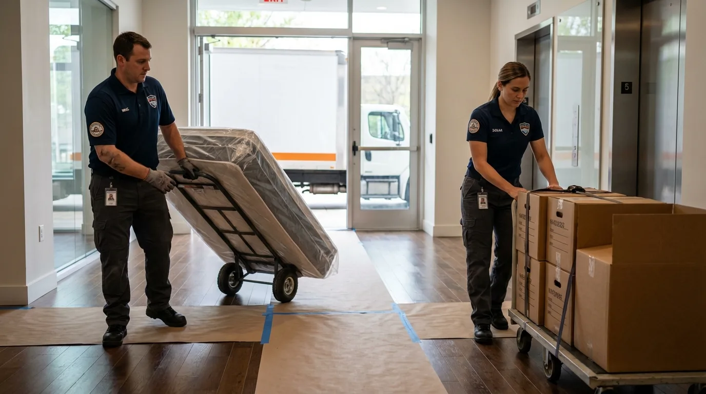 Professional apartment movers loading elevator in Somerville, MA